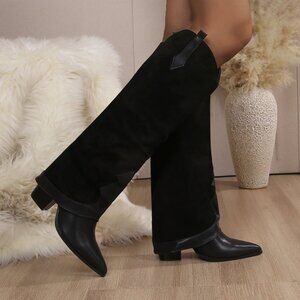 Branded Black Skirted Fold Over Western Knee High Cowgirl Boots